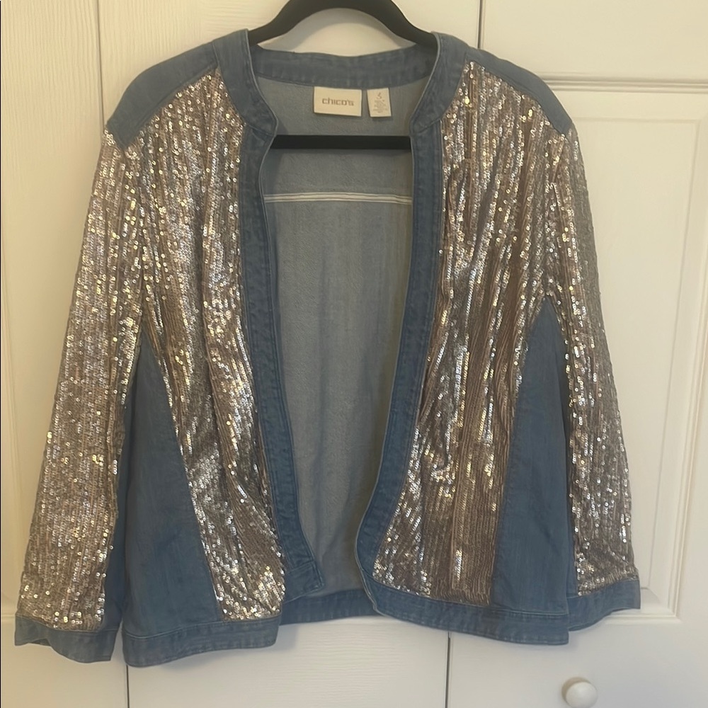 Chico’s Silver Sequin Denim Jacket - image 1